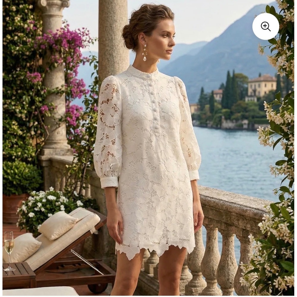 Trish Scully Olivie Lace Shift Women L White Floral High Neck Scalloped Hem NWT